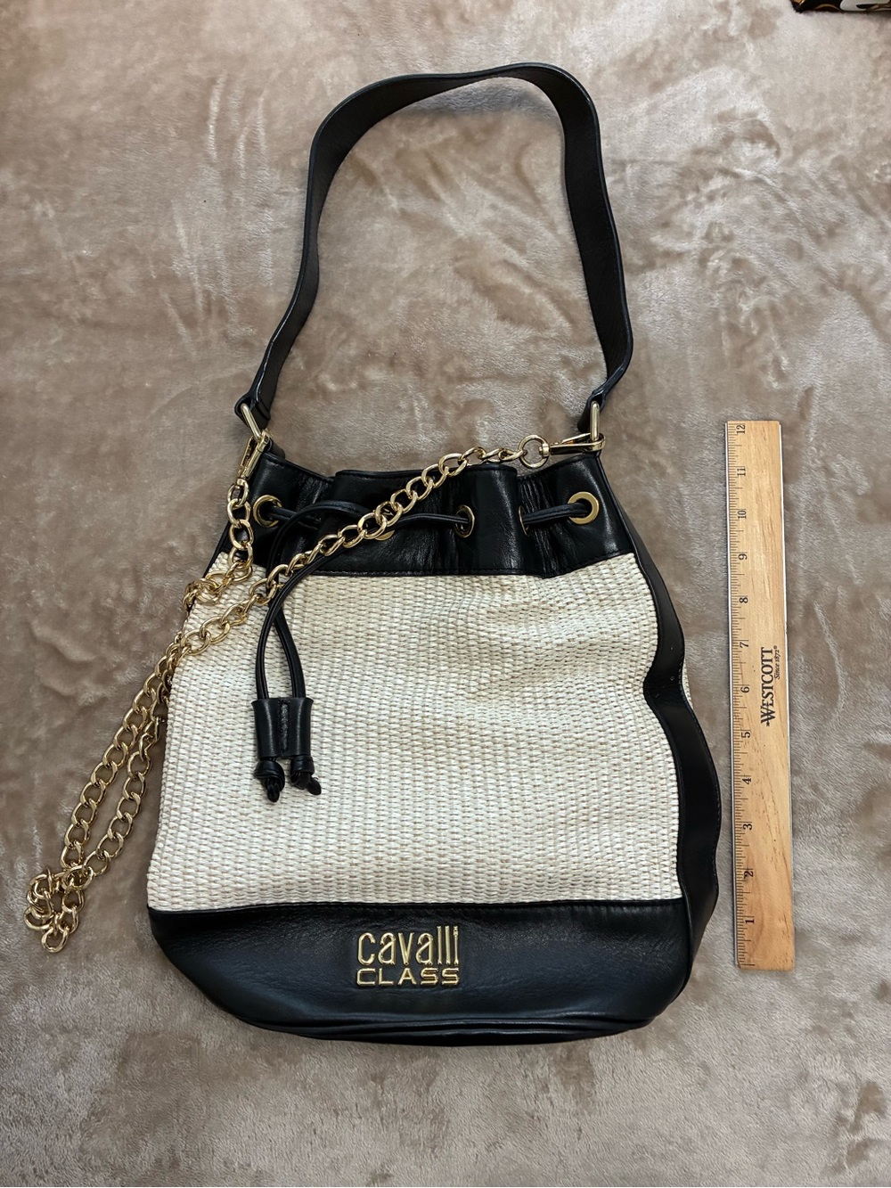 Cavalli Class Black and Cream Woven Bucket Shoulder Bag with Gold Chain